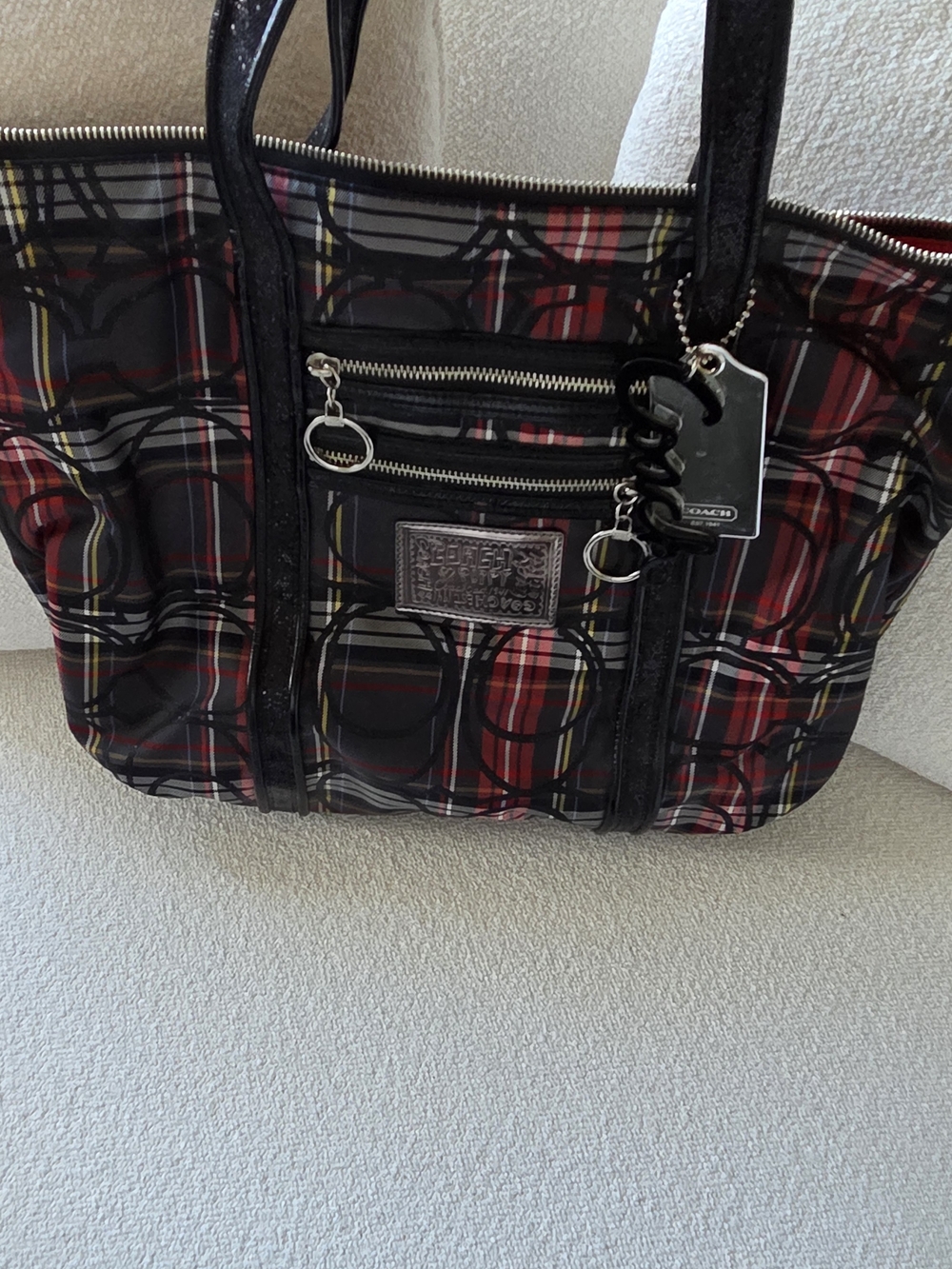 Coach Poppy Plaid Tote Bag in Red and Black
